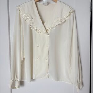 Vintage 1980s Cream Lace Collar Blouse Double Breasted - Made in CA – Victorian